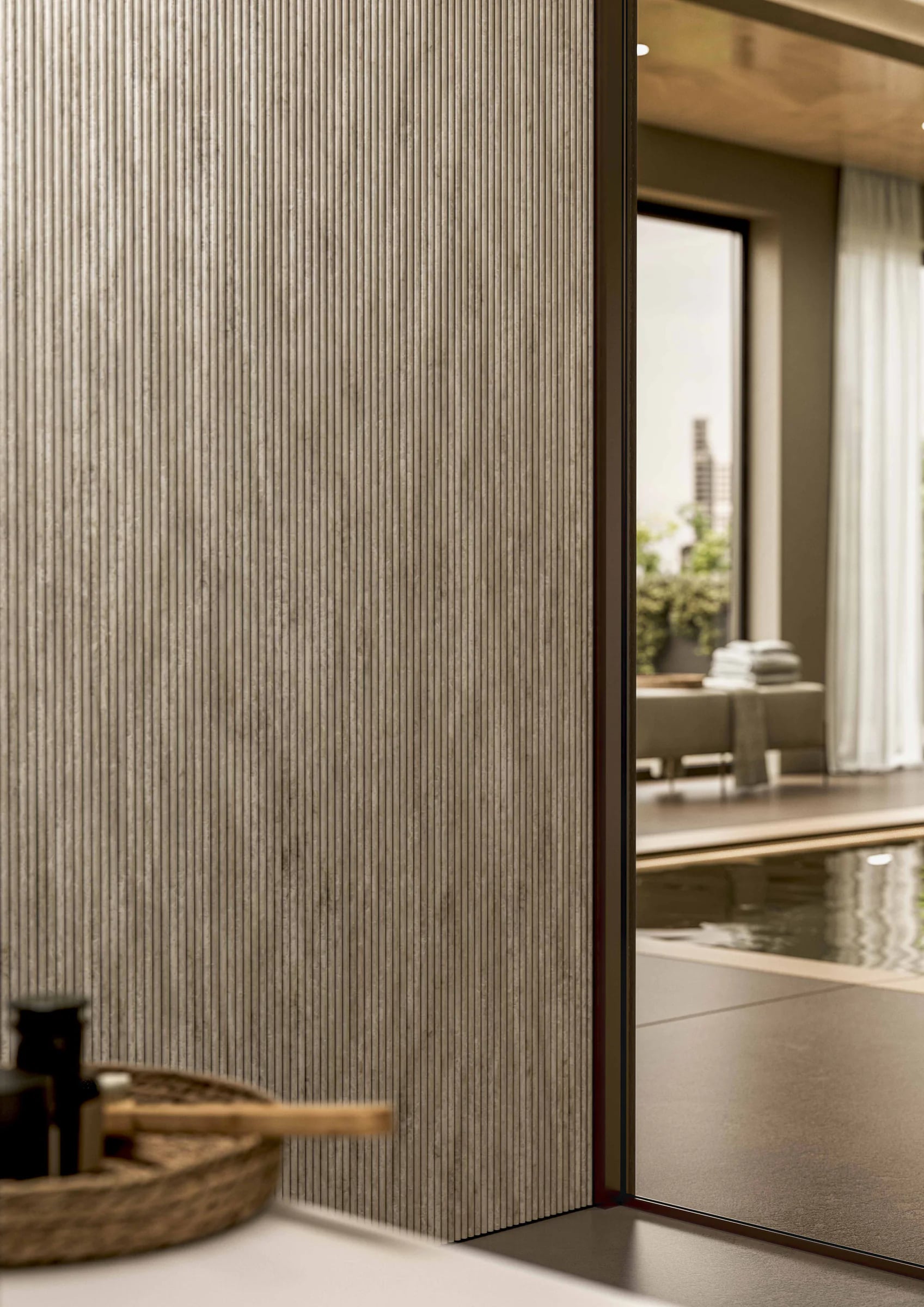 Glazed entrance and sculpted bench inside an INFINITY Steam Room