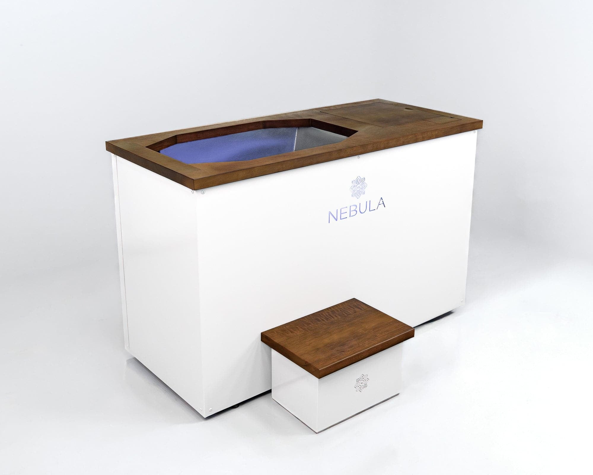Nebula Cold Plunge in white, side view, with the step alongside