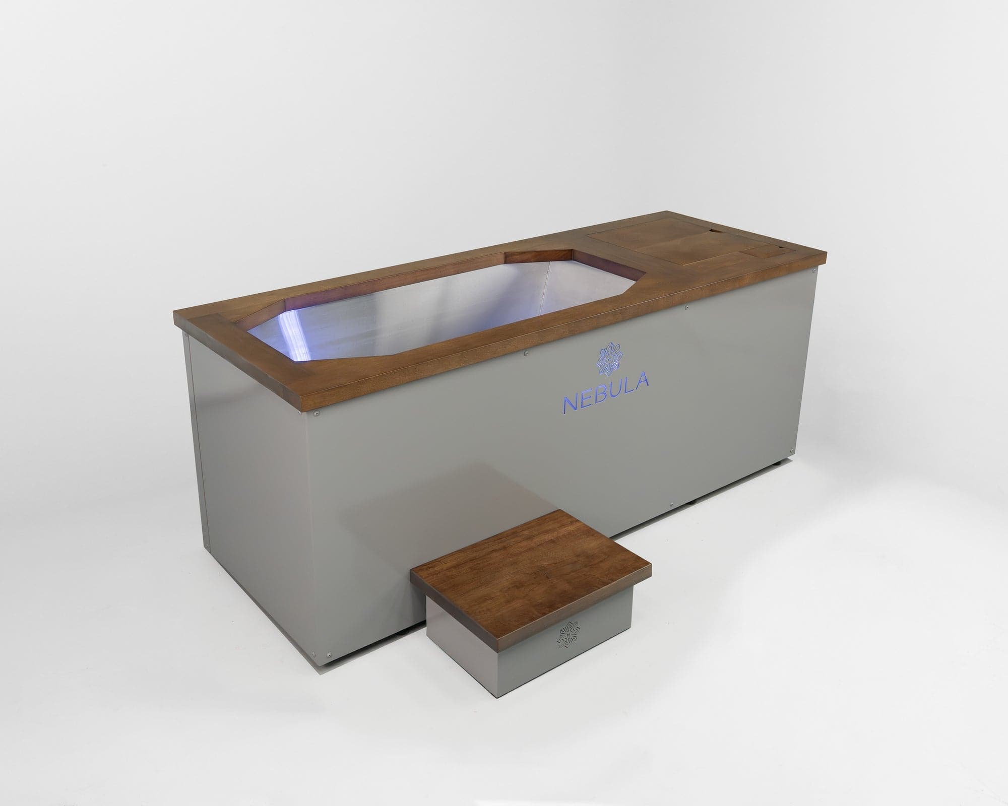 Nebula Ice Bath in grey, side view, lid open on the stainless steel tub