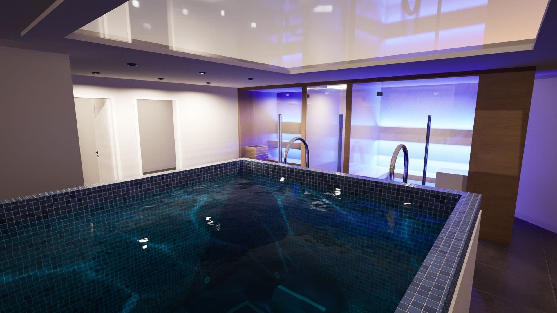 Completed Chester Spa with a mosaic-tiled pool, illuminated Sauna and Steam Room