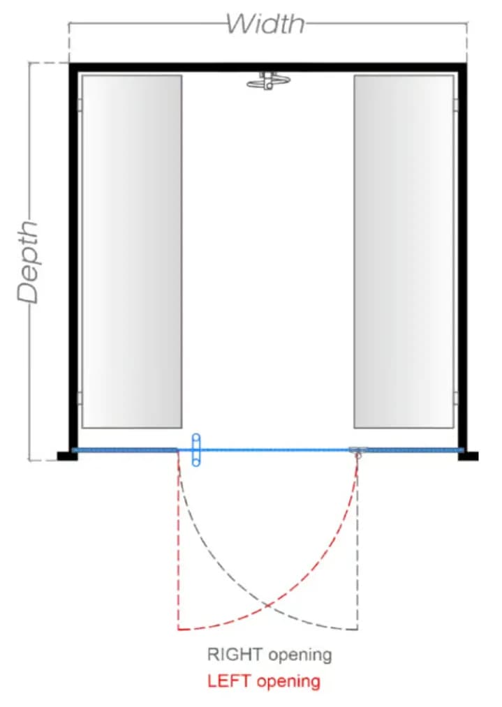 Floor plan of a garage with a sliding door on the left, an opening on the right, and a walk-through door at the top.