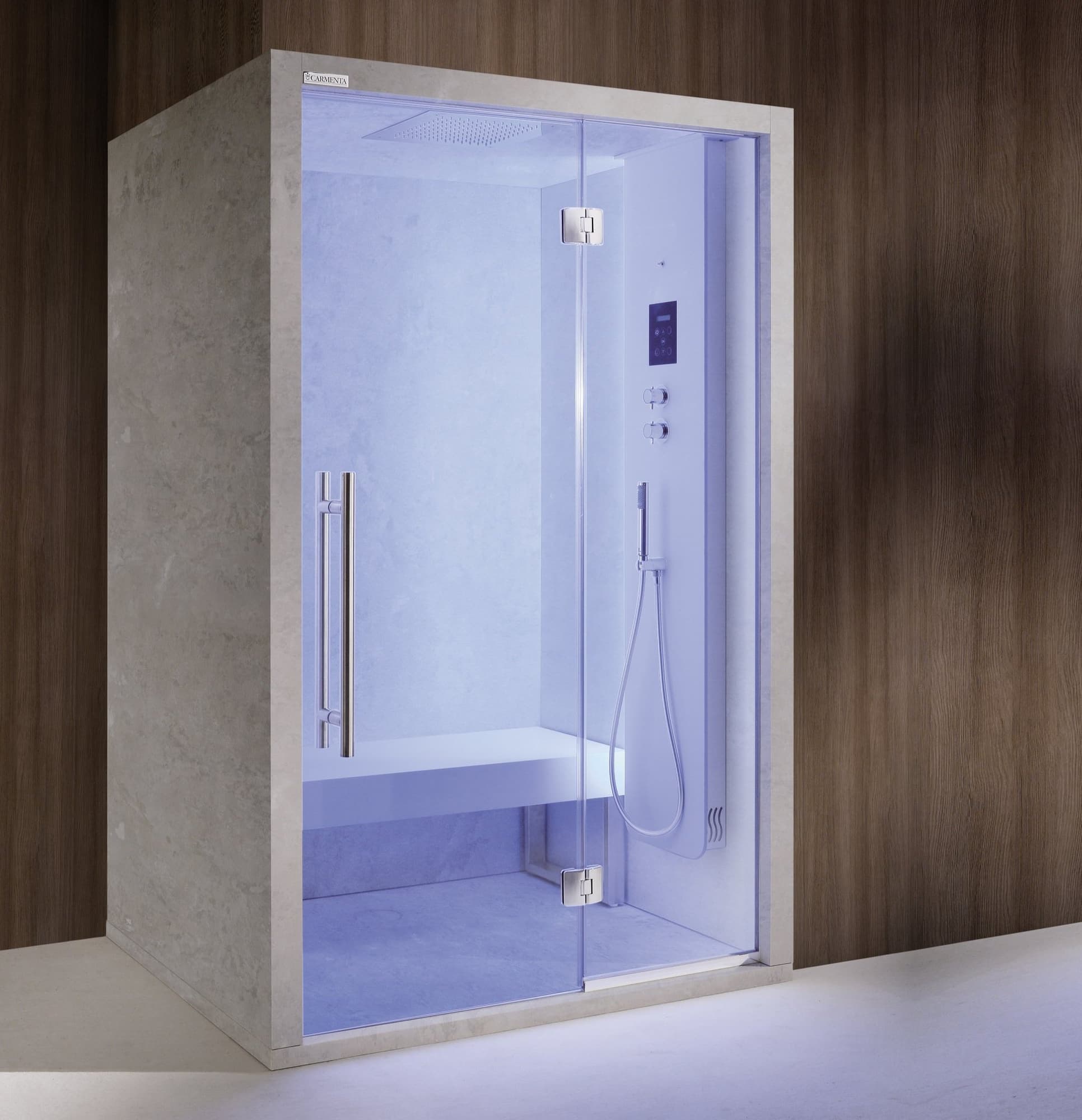 ONE Steam Room cabin with glass door and blue perimeter lighting